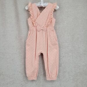 Habitual Girl Peach Cotton Eyelet Smocked Jumpsuit Sleeveless Ruffled Shoulder